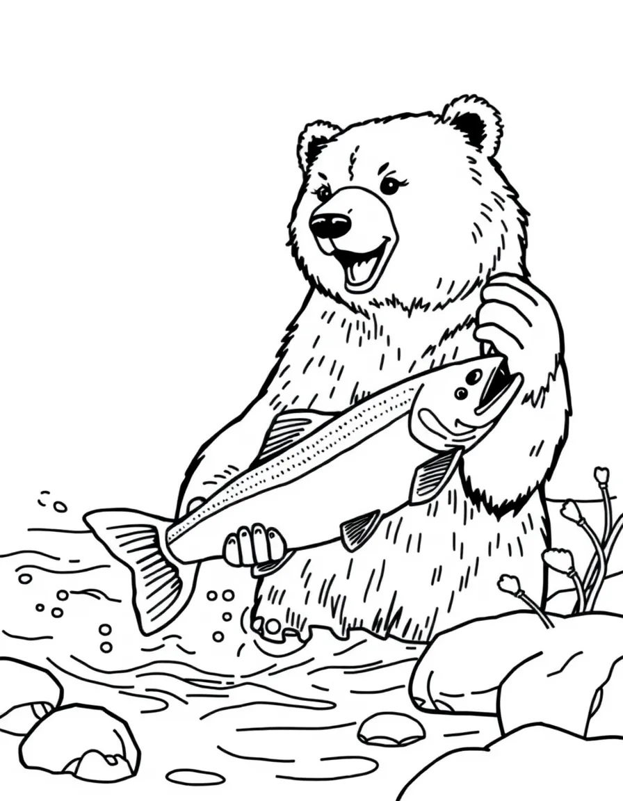 A fishing brown bear catching salmon