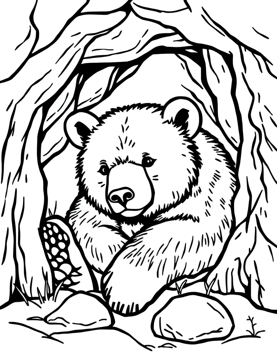 A hibernating black bear in a cozy cave