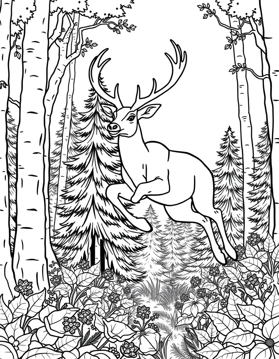 A leaping white-tailed deer through forest