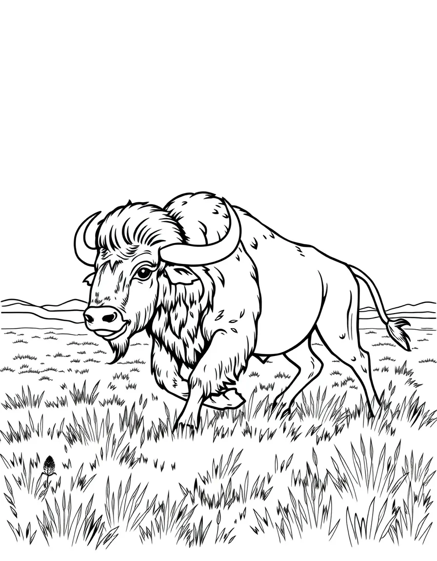 A charging wild buffalo across prairie