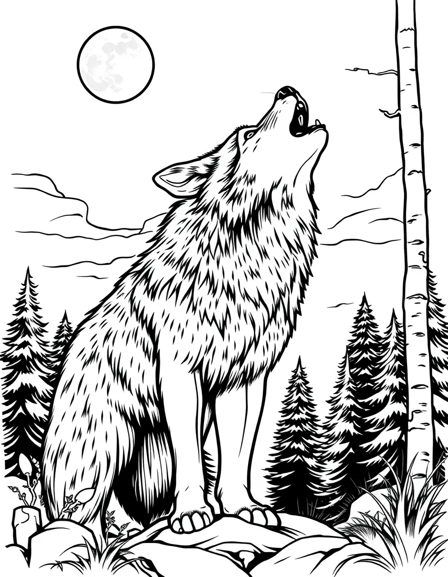 A howling timber wolf in moonlight