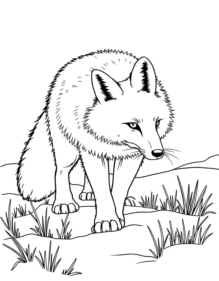 A stalking arctic fox in white winter coat