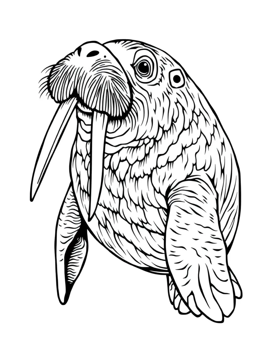A swimming walrus with long tusks
