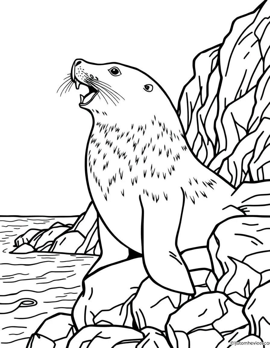 A barking sea lion on rocky coastline