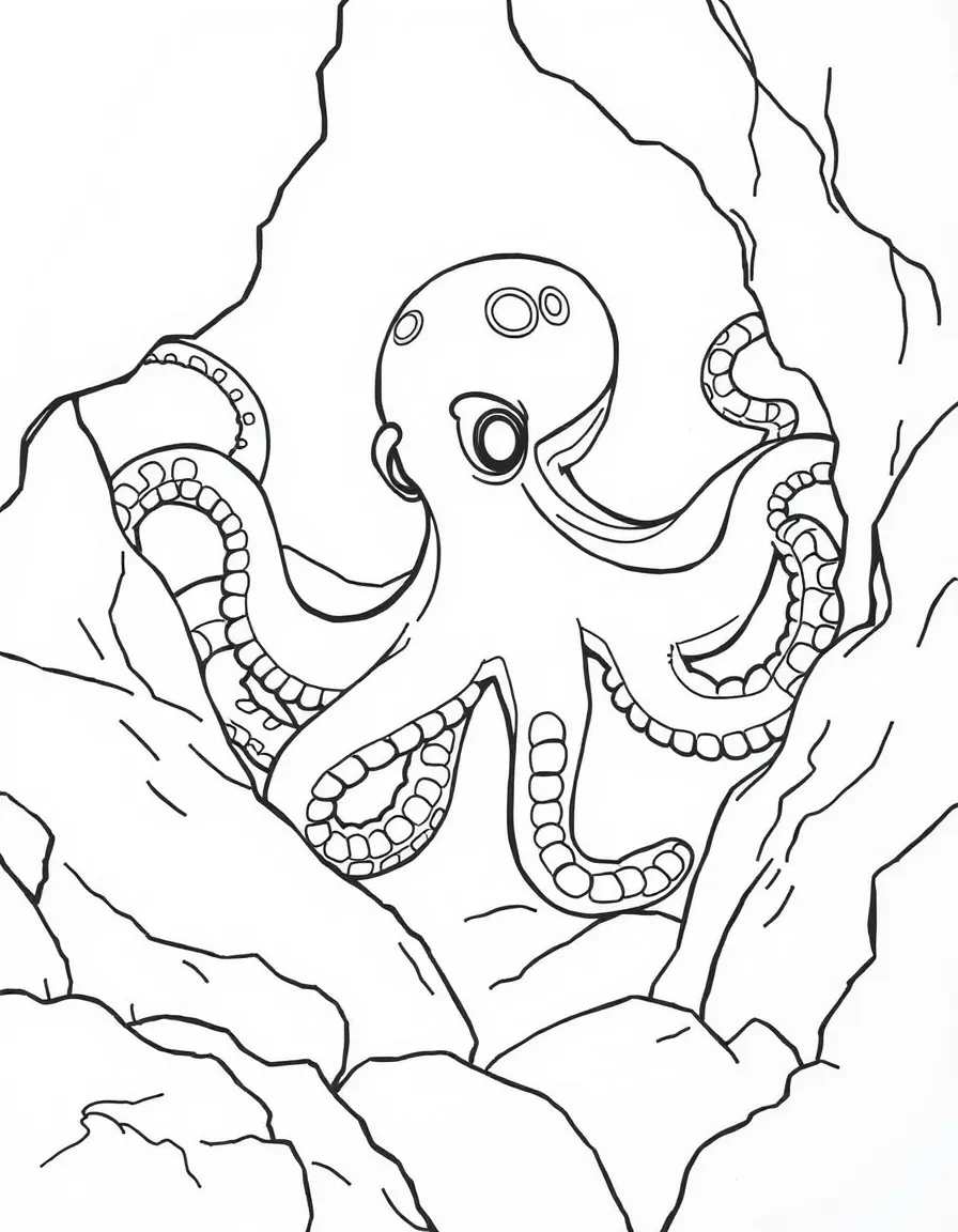 A tentacled octopus hiding in rock crevice