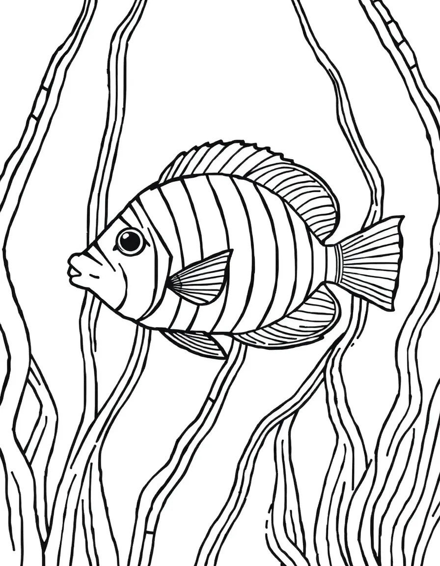 A striped angelfish swimming through kelp