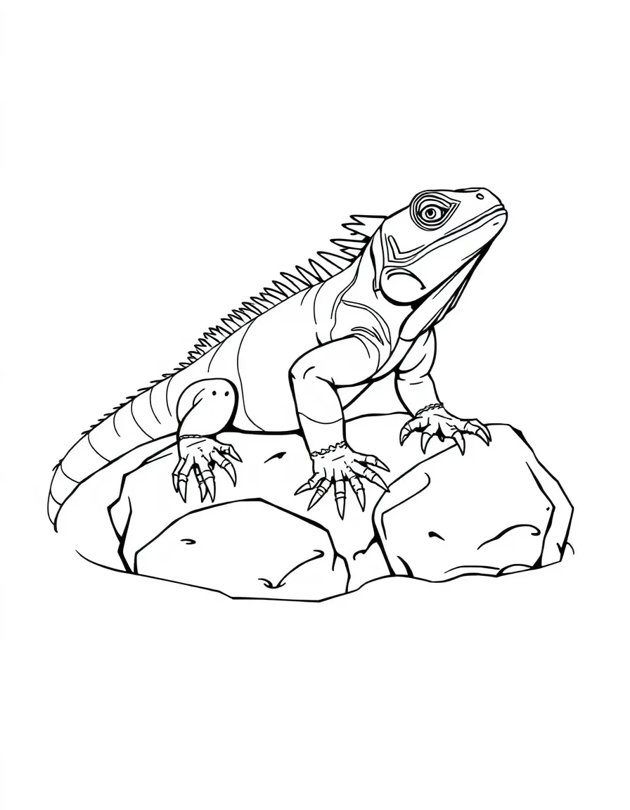 A sunbathing iguana on hot rocks