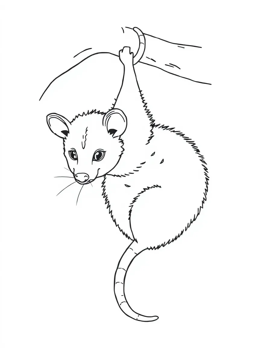 A nocturnal opossum hanging by its tail