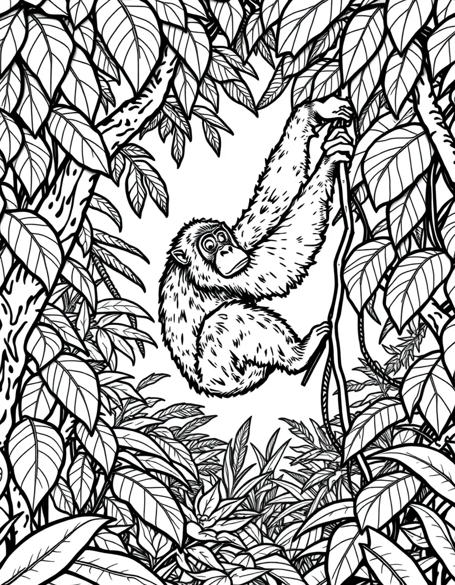 A climbing orangutan in jungle canopy