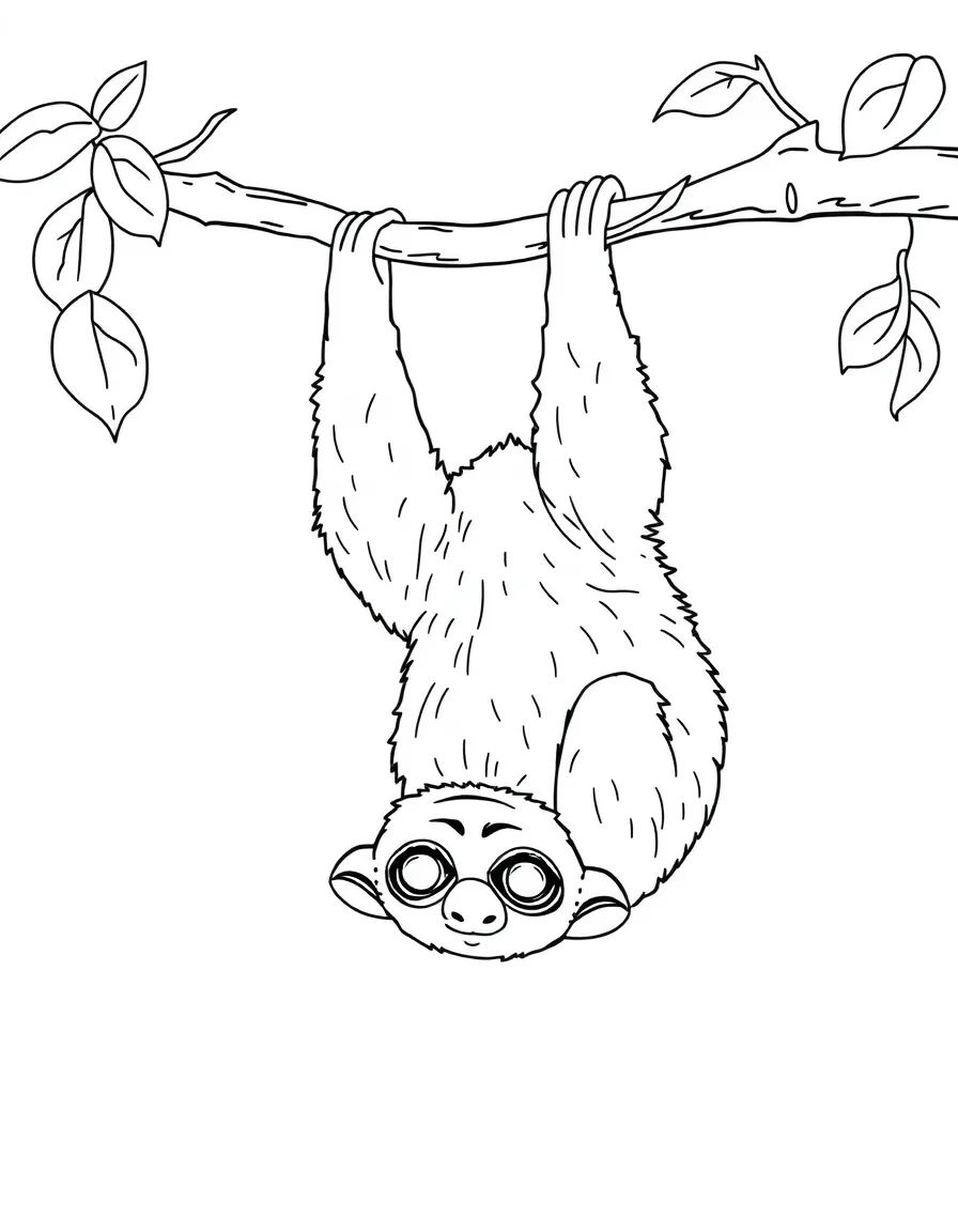 A slow loris hanging upside down