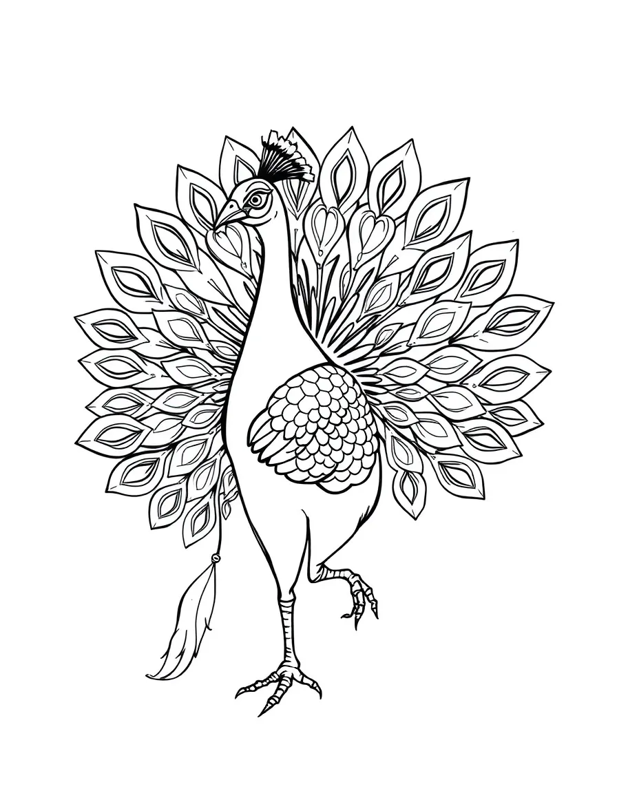 A dancing peacock with fanned tail
