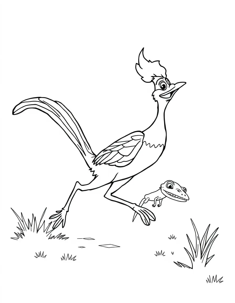 A running roadrunner chasing lizard