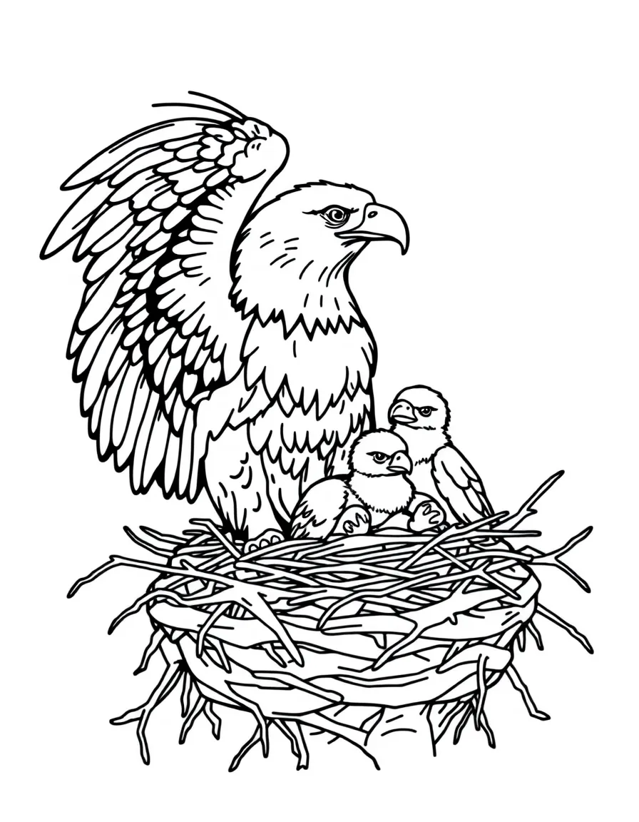 A nesting bald eagle with eaglets