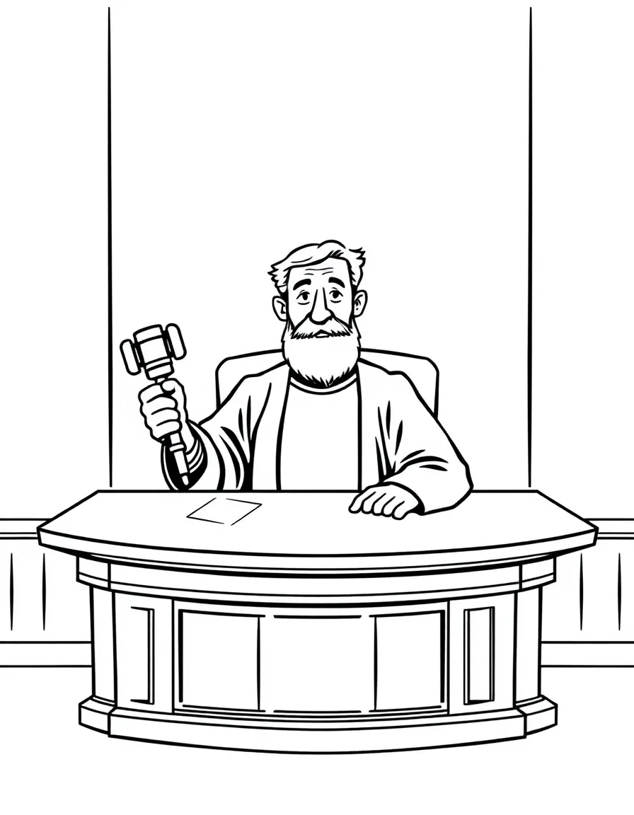 A judge sitting at a big desk holding a gavel