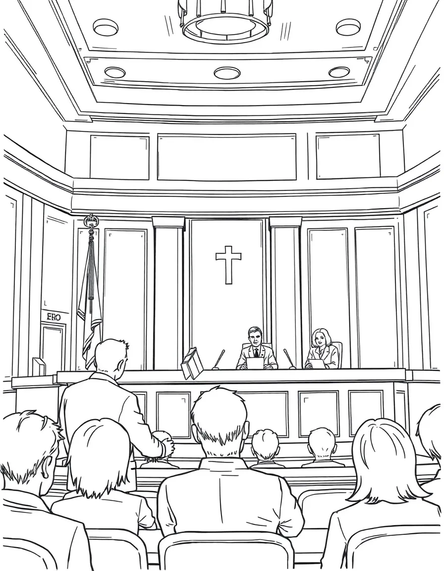 A courtroom scene with a judge, lawyer, and people watching