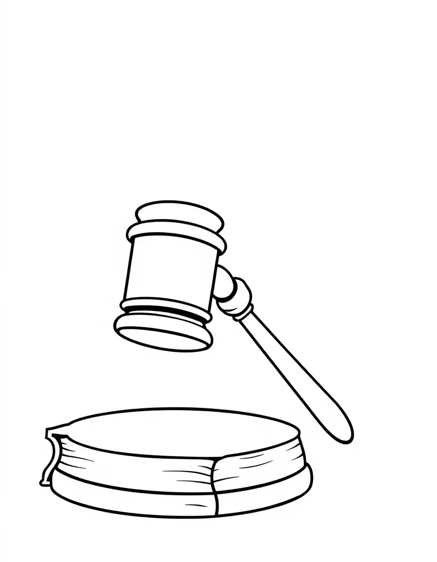 A cartoon gavel and law book side by side