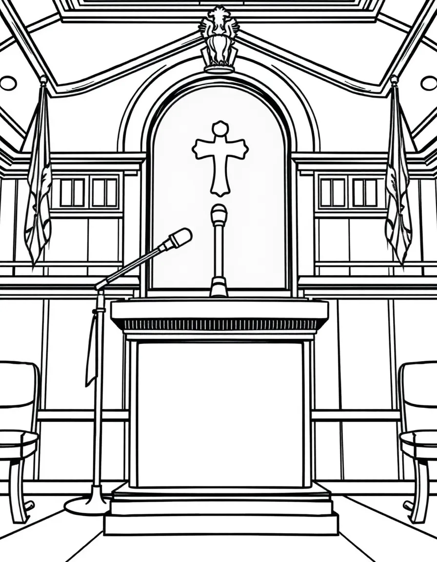 A courtroom witness stand with a microphone