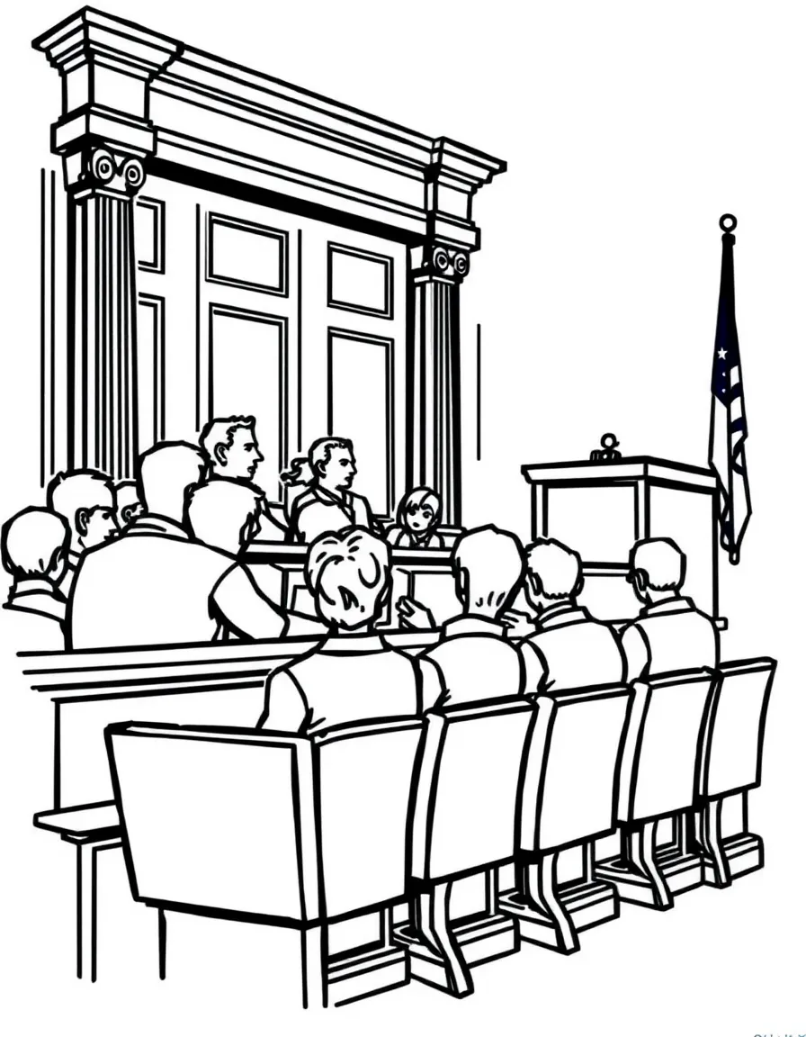 A courtroom jury box with people sitting and listening