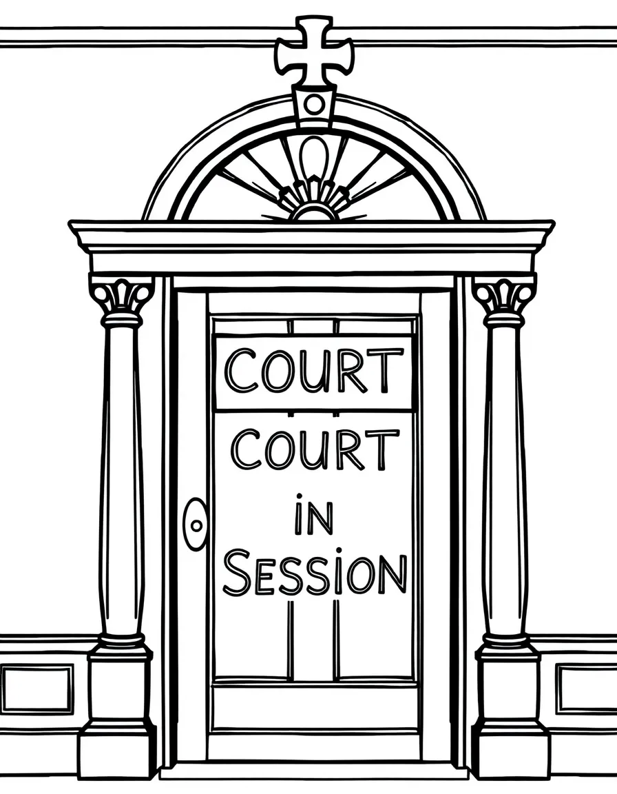 A courtroom door with a sign that says “Court in Session”