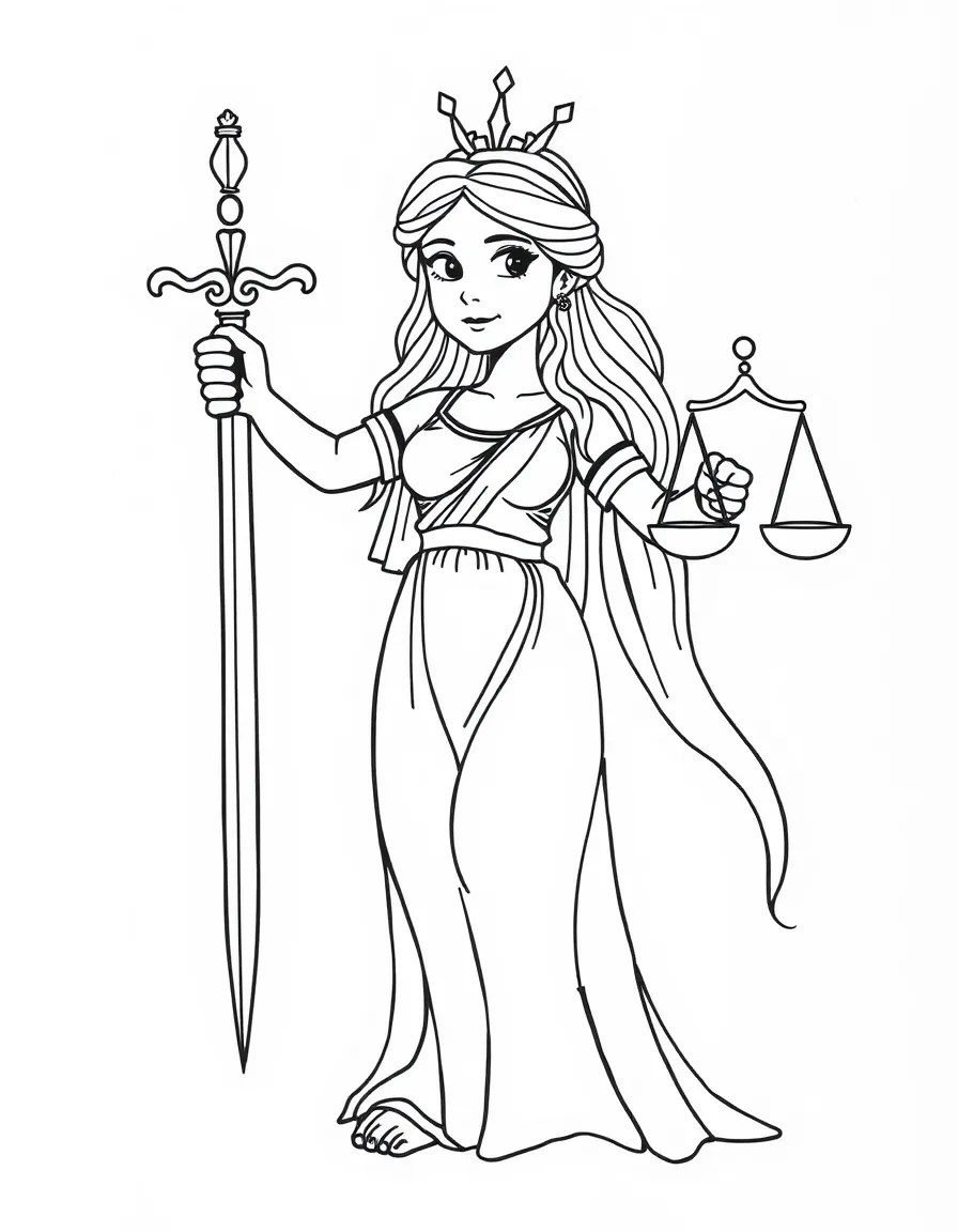 A cartoon of Lady Justice holding a sword and scales