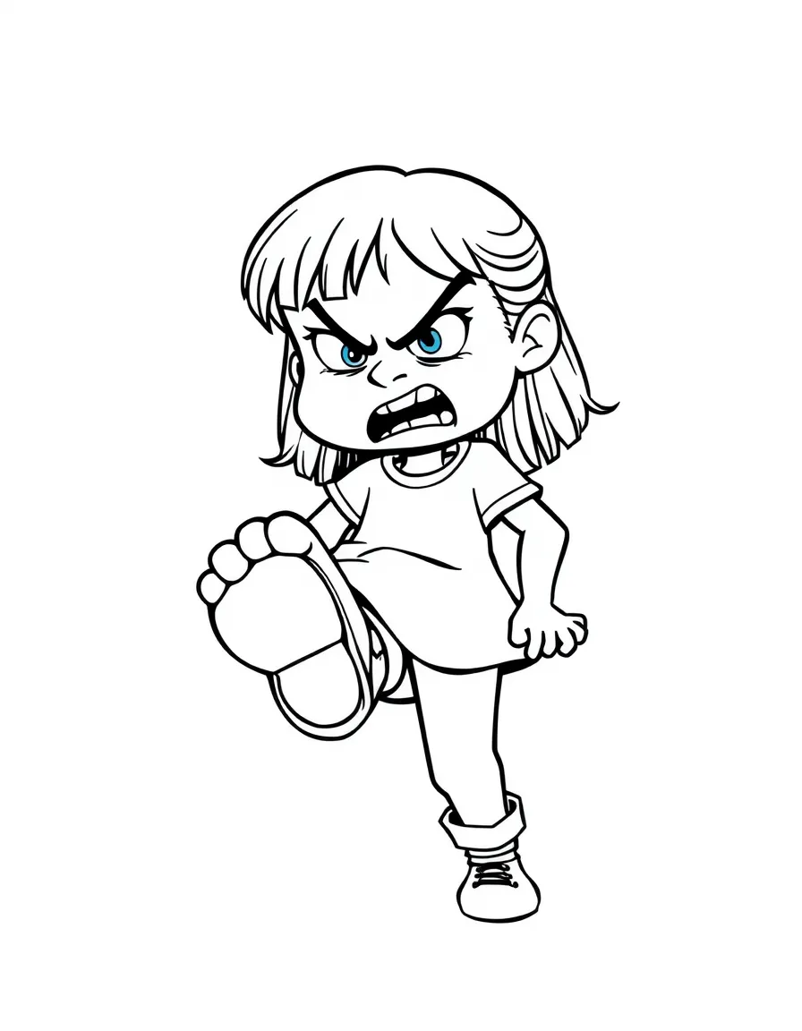 An angry girl stomping their foot.