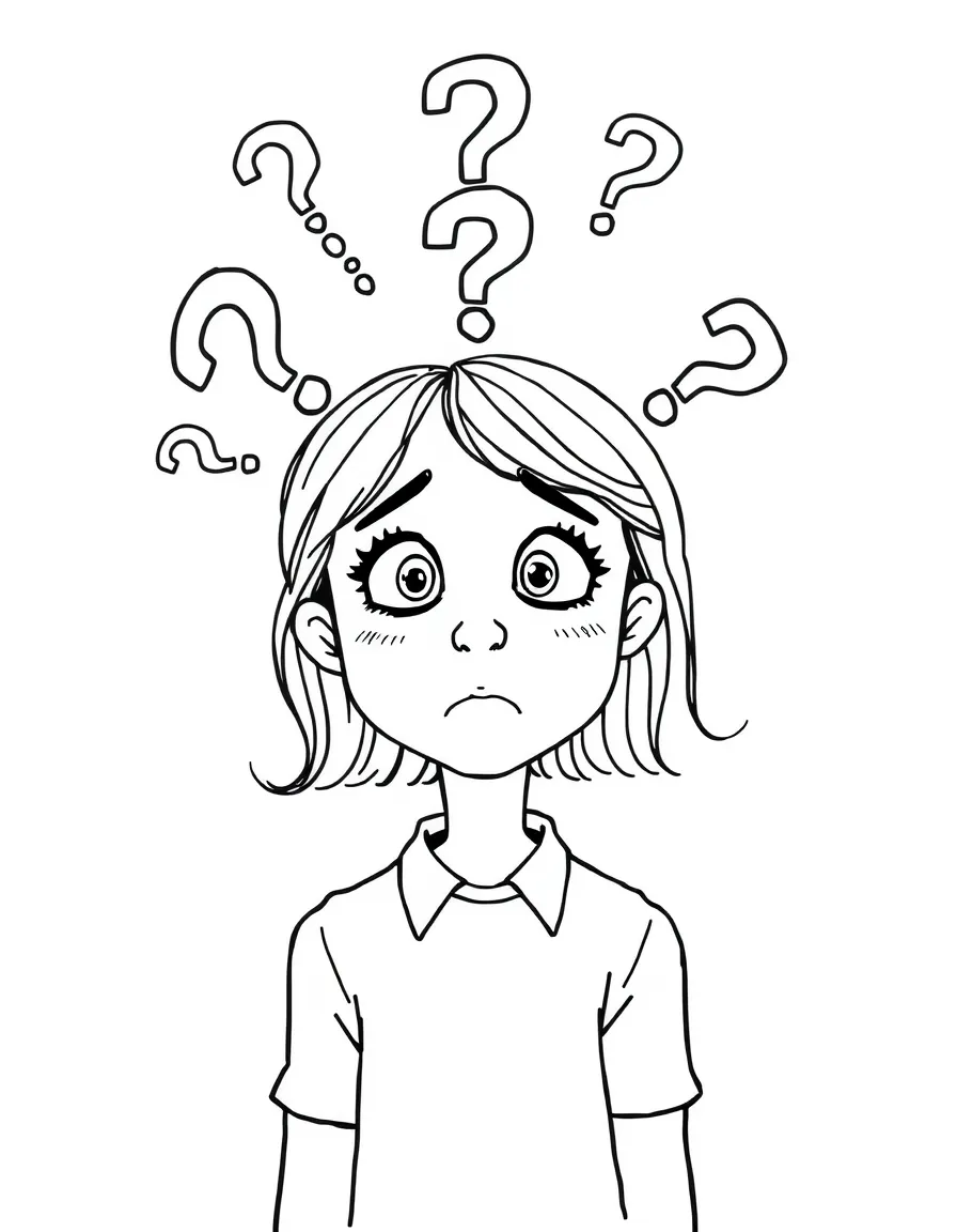 A confused girl with question marks circling head