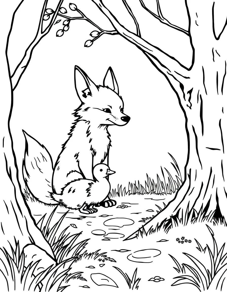 (betray) A fox helping a lost duckling, but leading it toward a hunter's trap.