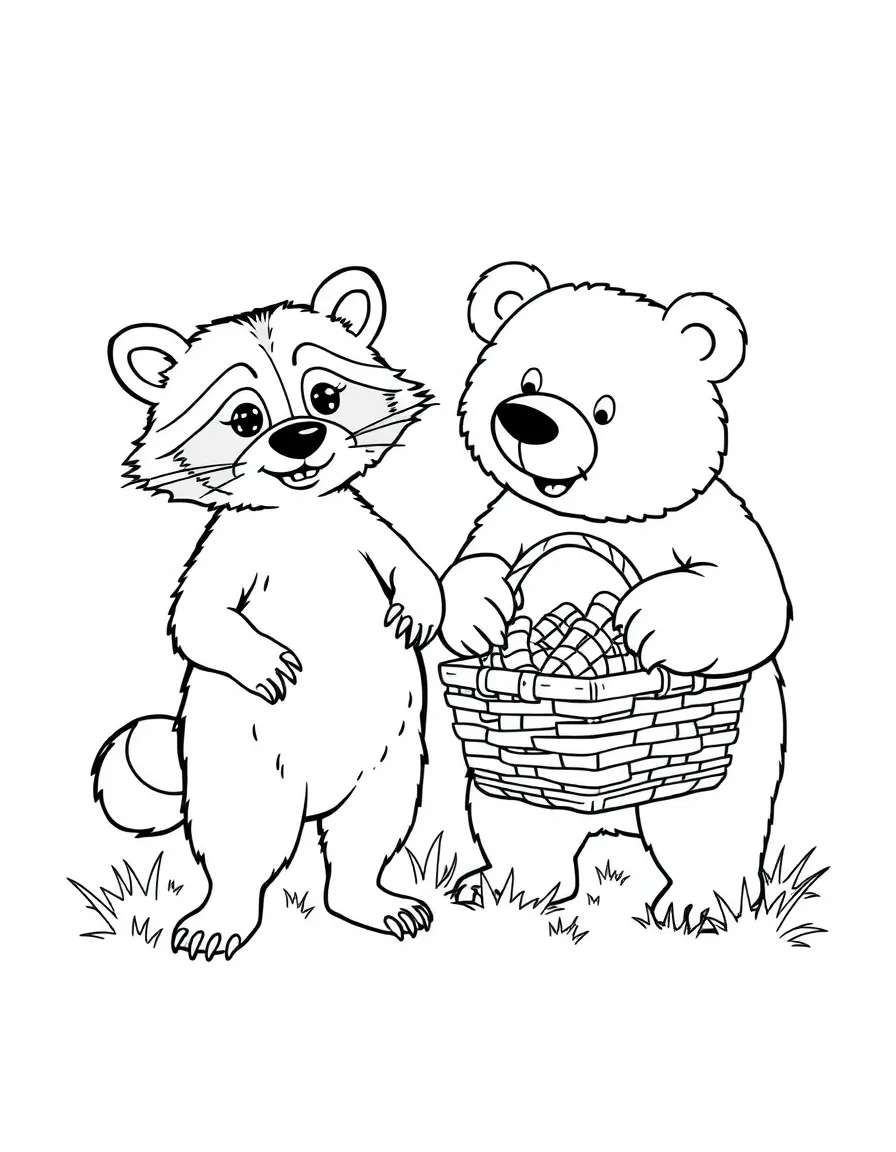 (betray) A raccoon pretending to be friends with a bear, while sneaking away with the bear’s picnic basket.