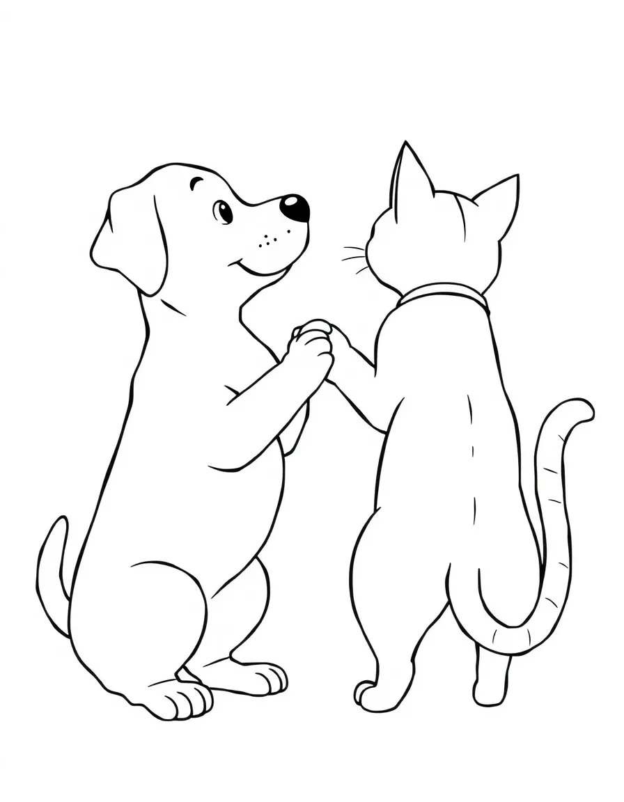 (betray) A dog and a cat shaking paws, but the cat has its tail crossed behind its back.