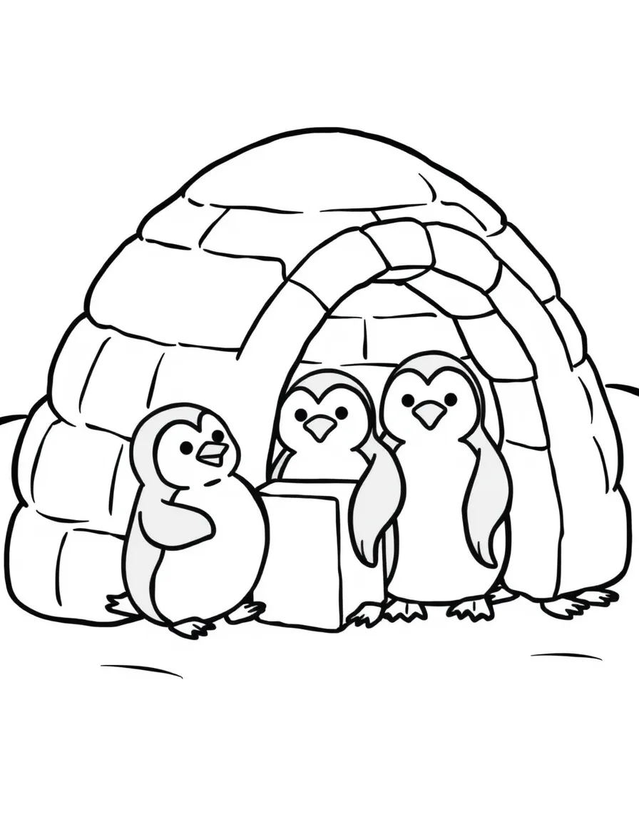 (betray) A penguin team working on an igloo, with one penguin hiding the last ice block.