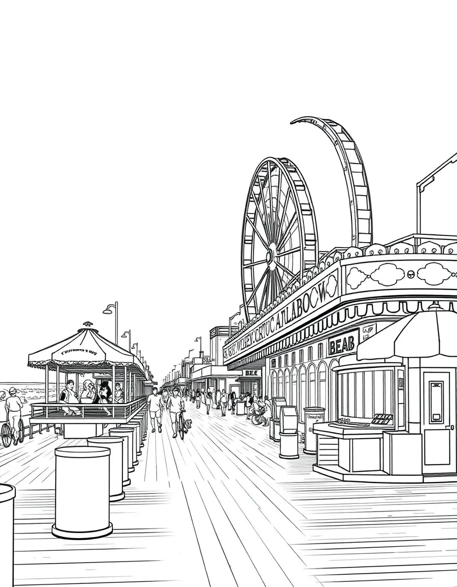 (New Jersey) Atlantic City boardwalk with carnival games and rides