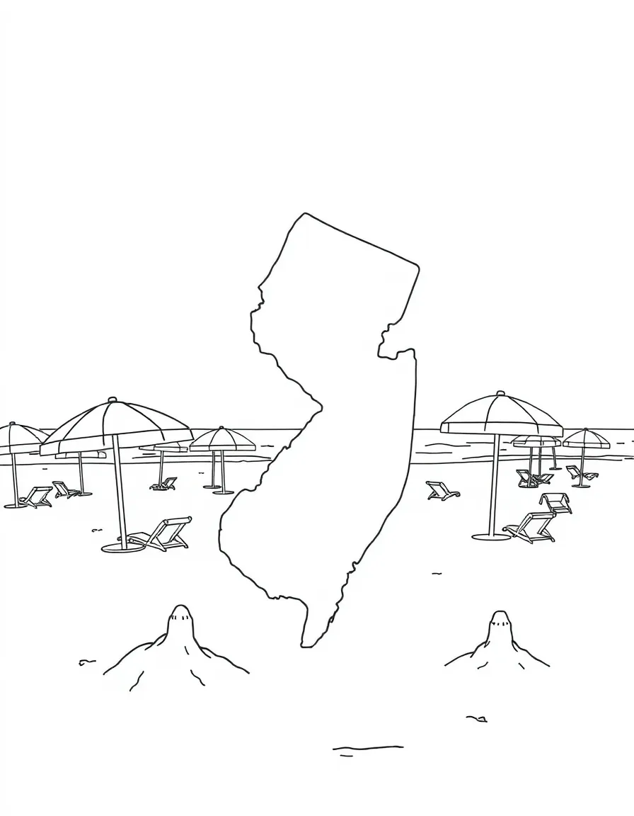 (New Jersey) A classic Jersey Shore beach scene with umbrellas and sandcastles