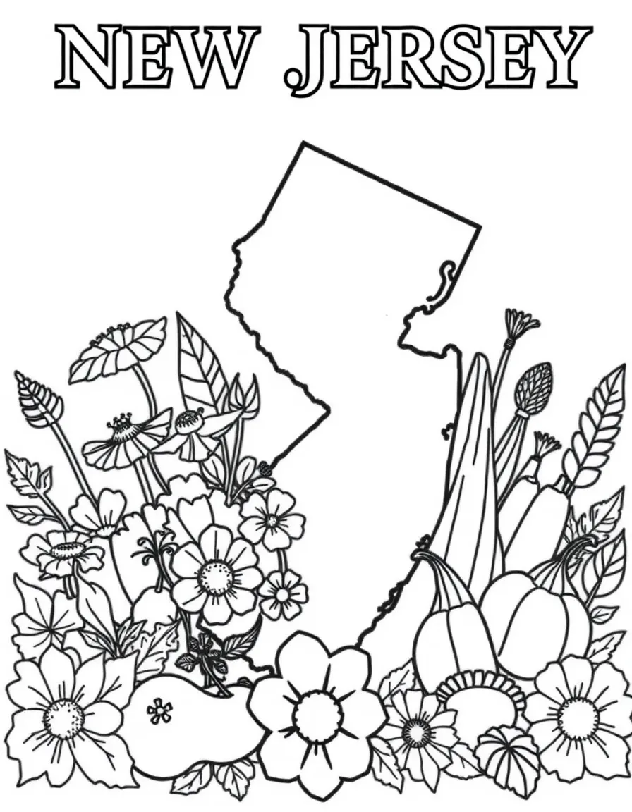 (New Jersey) The Garden State with flowers, fruits, and vegetables representing New Jersey's agriculture