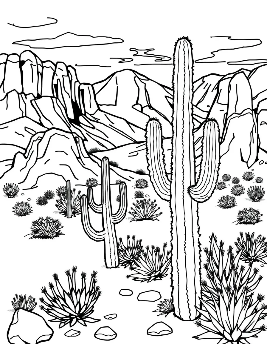 (Arizona) A desert landscape with cactus and rocks