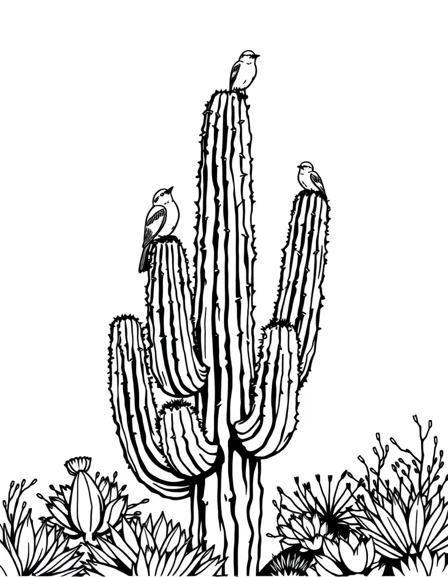 (Arizona) Saguaro cactus with birds perched on top