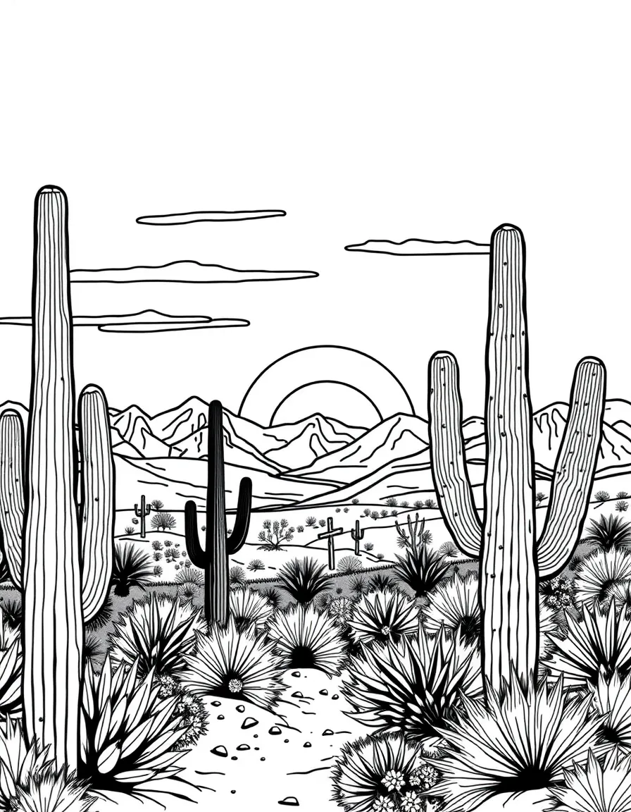 (Arizona) A desert sunset with mountains and cacti
