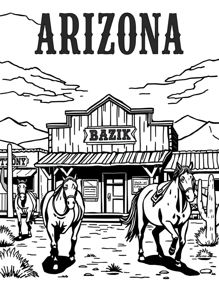 (Arizona) A western town with saloon and horses