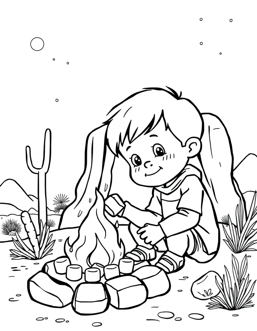 (Arizona) A child roasting marshmallows in a desert camp