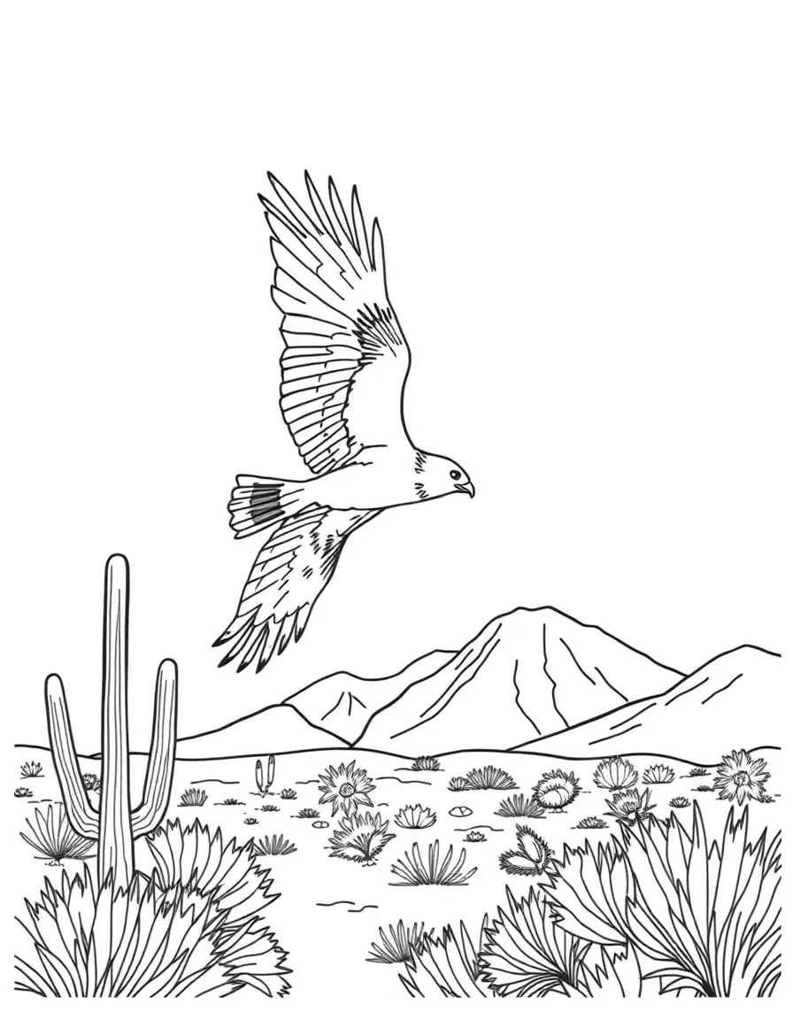 (Arizona) A red-tailed hawk flying over the desert