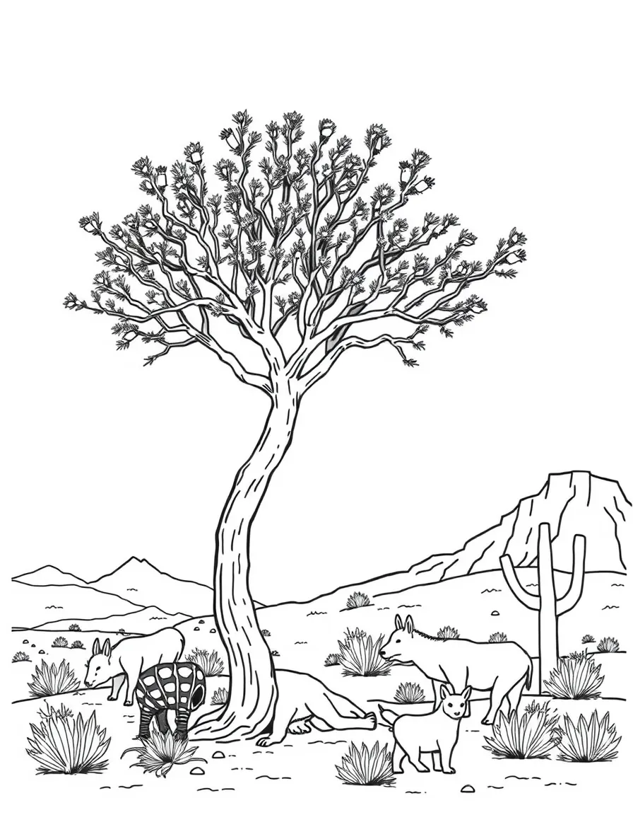 (Arizona) A mesquite tree with desert animals nearby