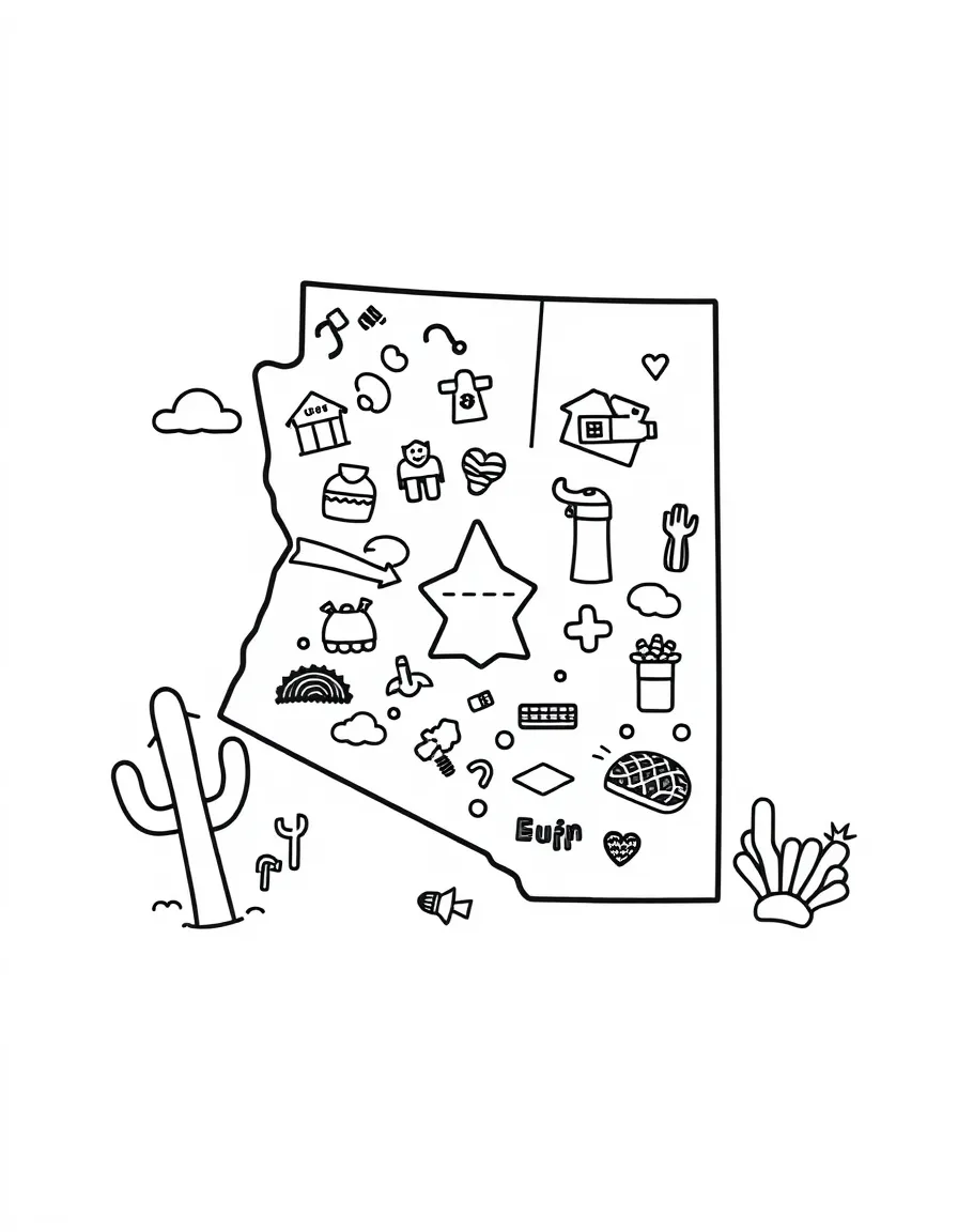 (Arizona) A cartoon map of Arizona with fun icons
