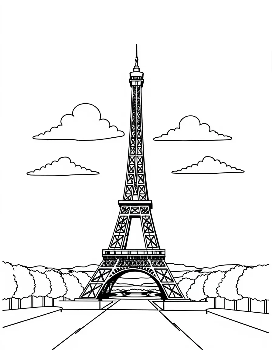 (France) Eiffel Tower at sunset with simple cloud outlines