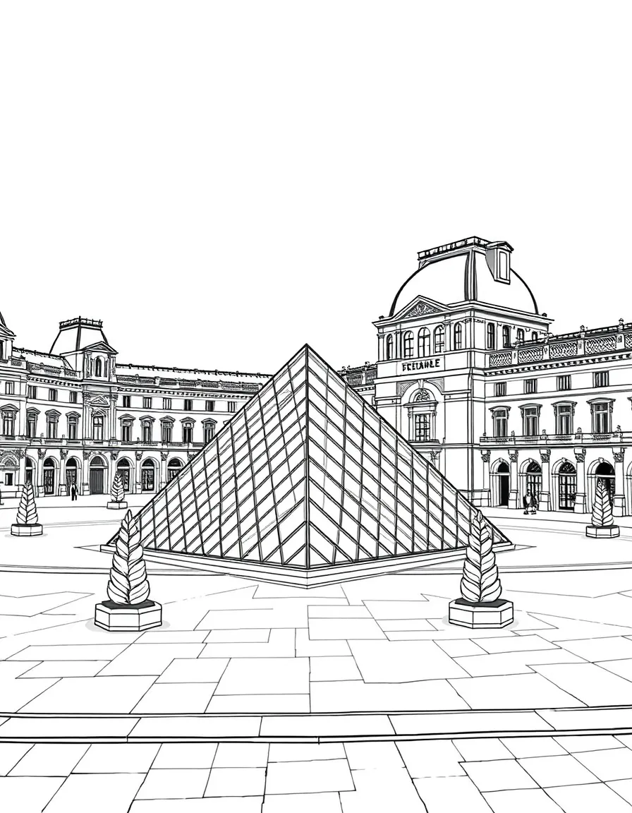 (France) Louvre courtyard with the glass pyramid and surrounding buildings