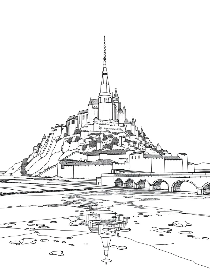 (France) Mont-Saint-Michel during low tide with causeway