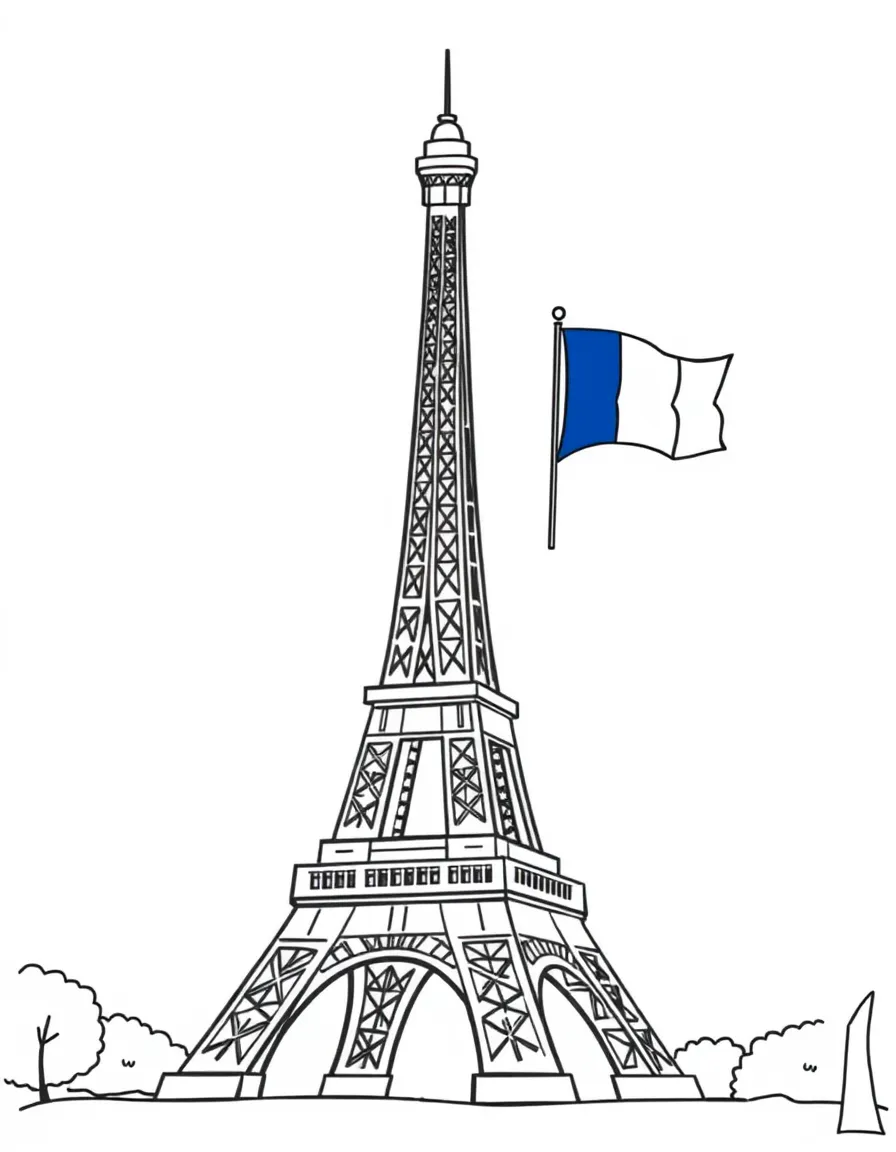 (France) Simple Eiffel Tower with French flag flying nearby