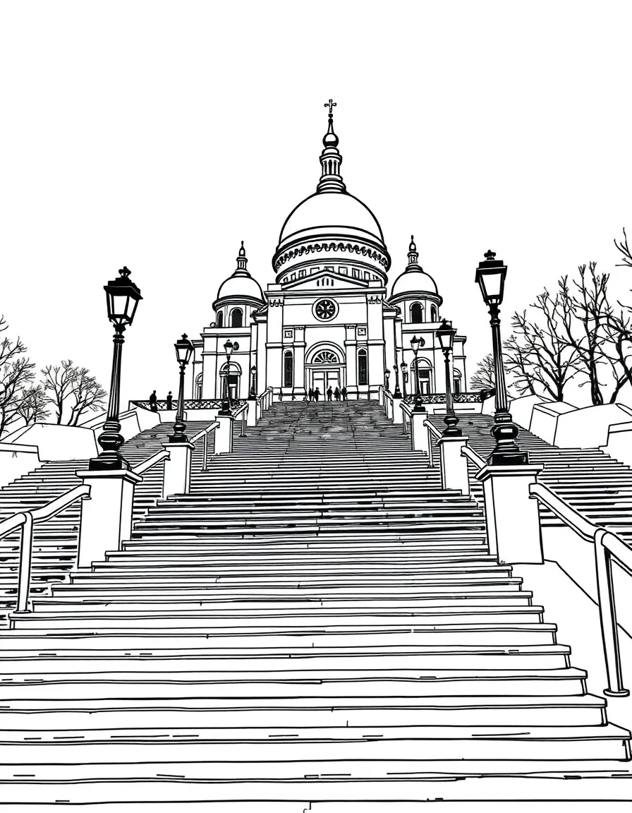 (France) Steps leading up to Sacré-Cœur with lampposts