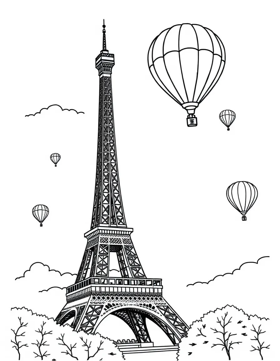 (France) Eiffel Tower with hot air balloons in the sky