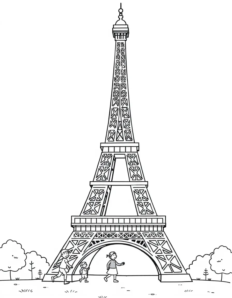 (France) Simple Eiffel Tower with children playing beneath