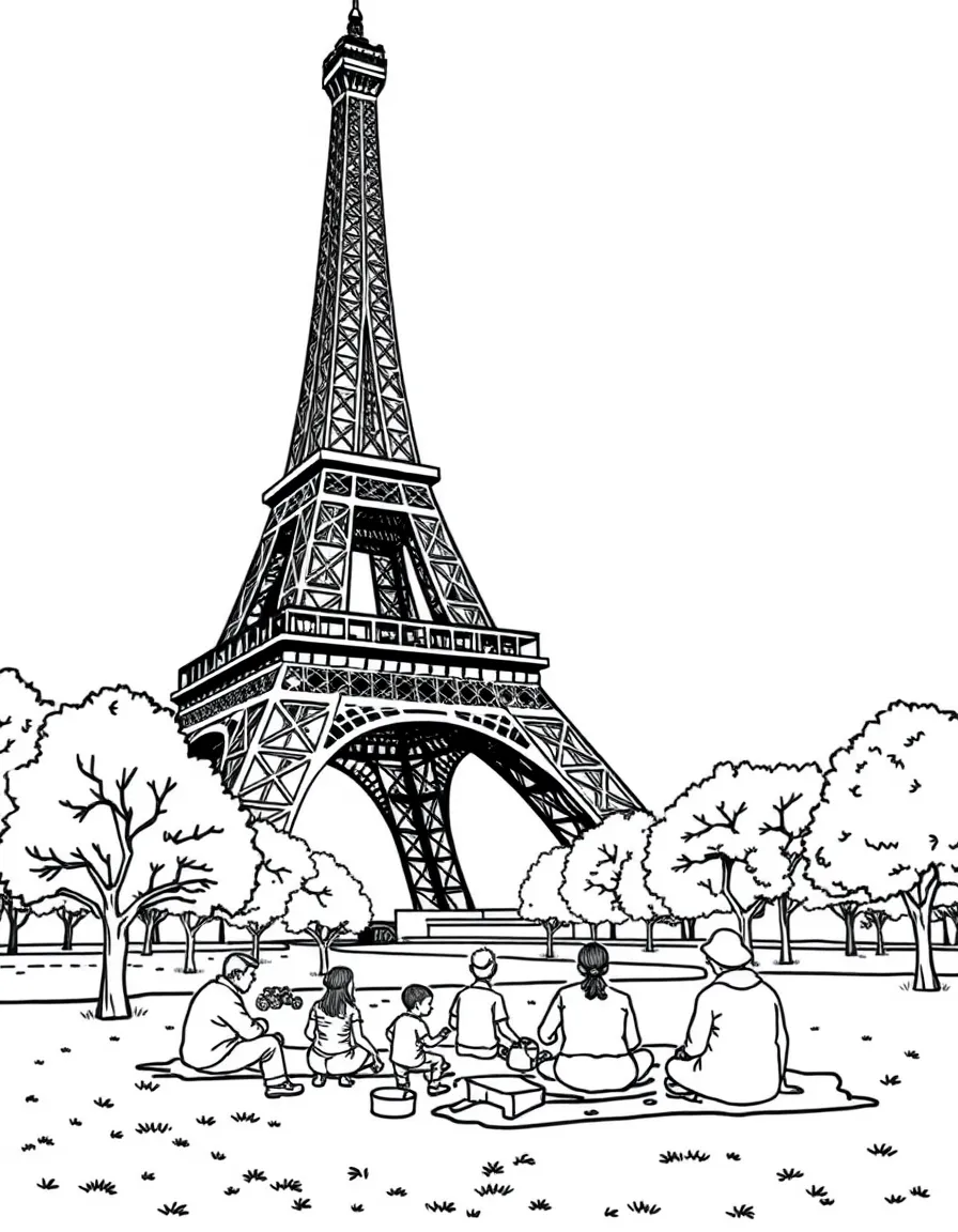 (France) Eiffel Tower with picnic families in Champ de Mars