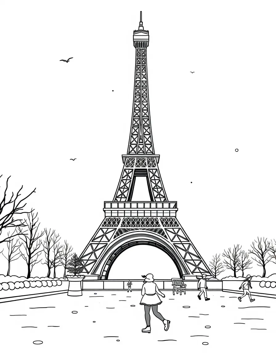 (France) Eiffel Tower ice skating rink (winter scene)